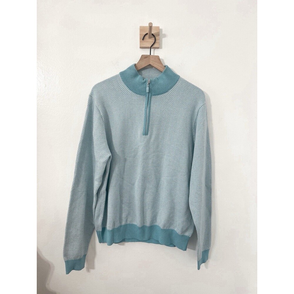 Bobby Jones Men’s 1/4 Zip Blue Stripe Golf Sweater Cotton Wool Cashmere XL